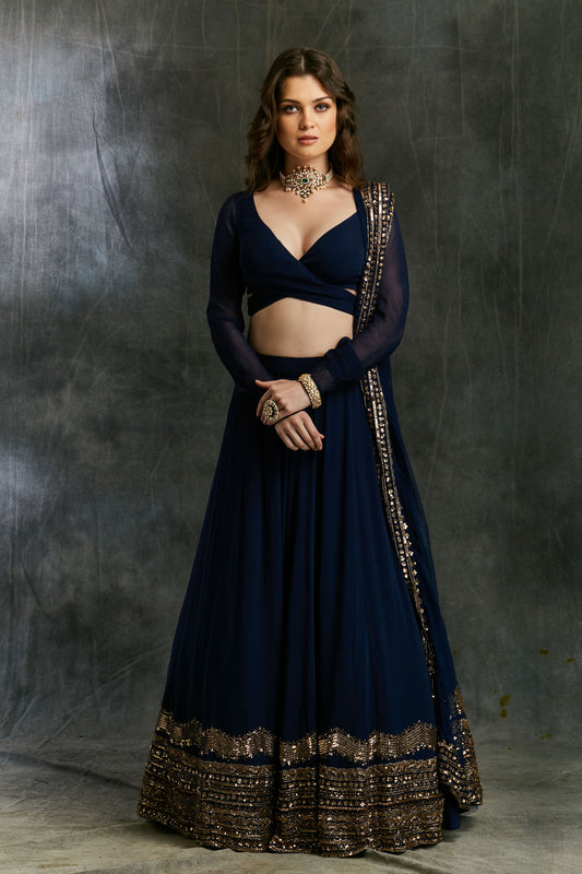 Dark Blue Wrap Blouse Georgette Lehenga