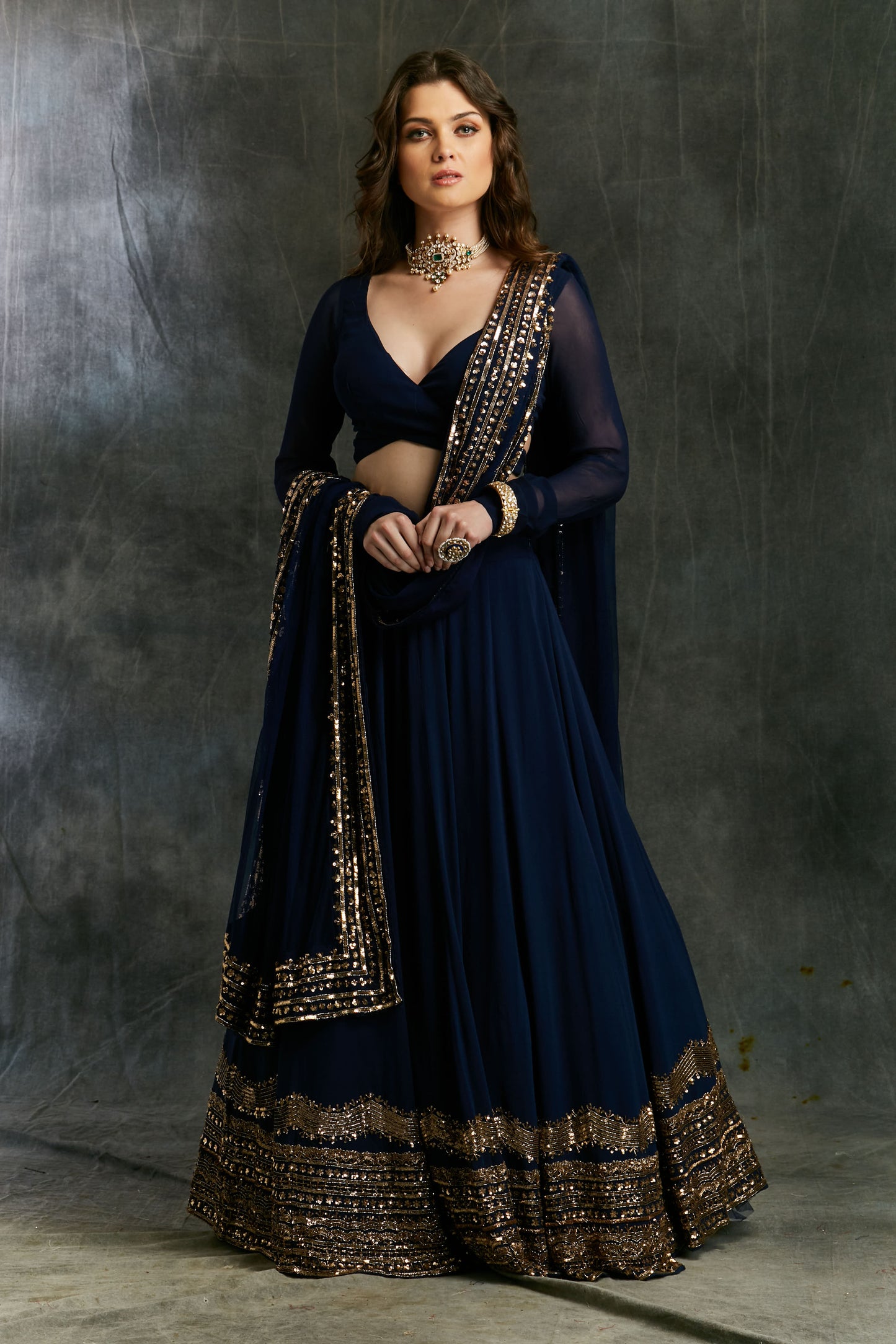 Dark Blue Wrap Blouse Georgette Lehenga