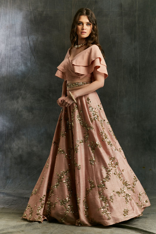 Pink Sequin Jaal Lehenga With Frill Blouse