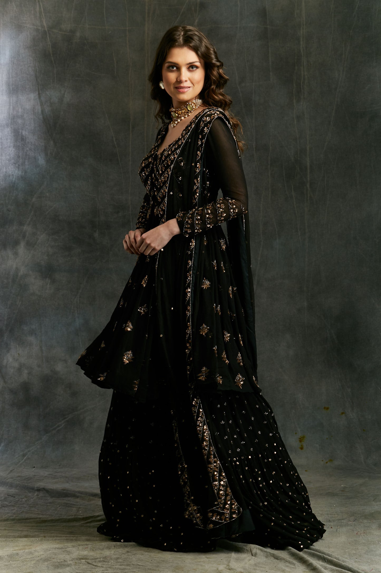 Black And Gold Georgette Jacket Sharara
