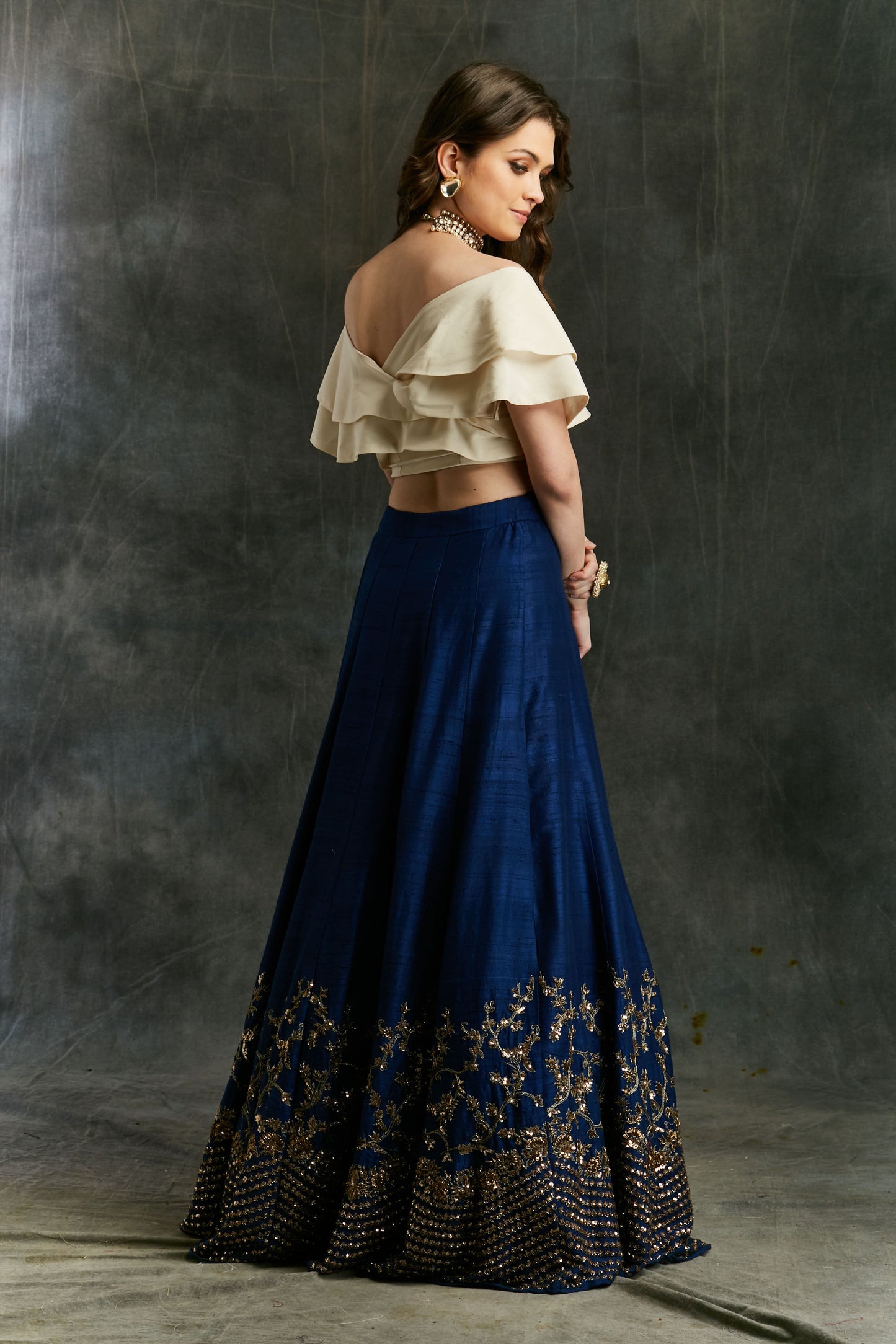 Blue Border Lehenga With Off Shoulder Wrap Crop Top