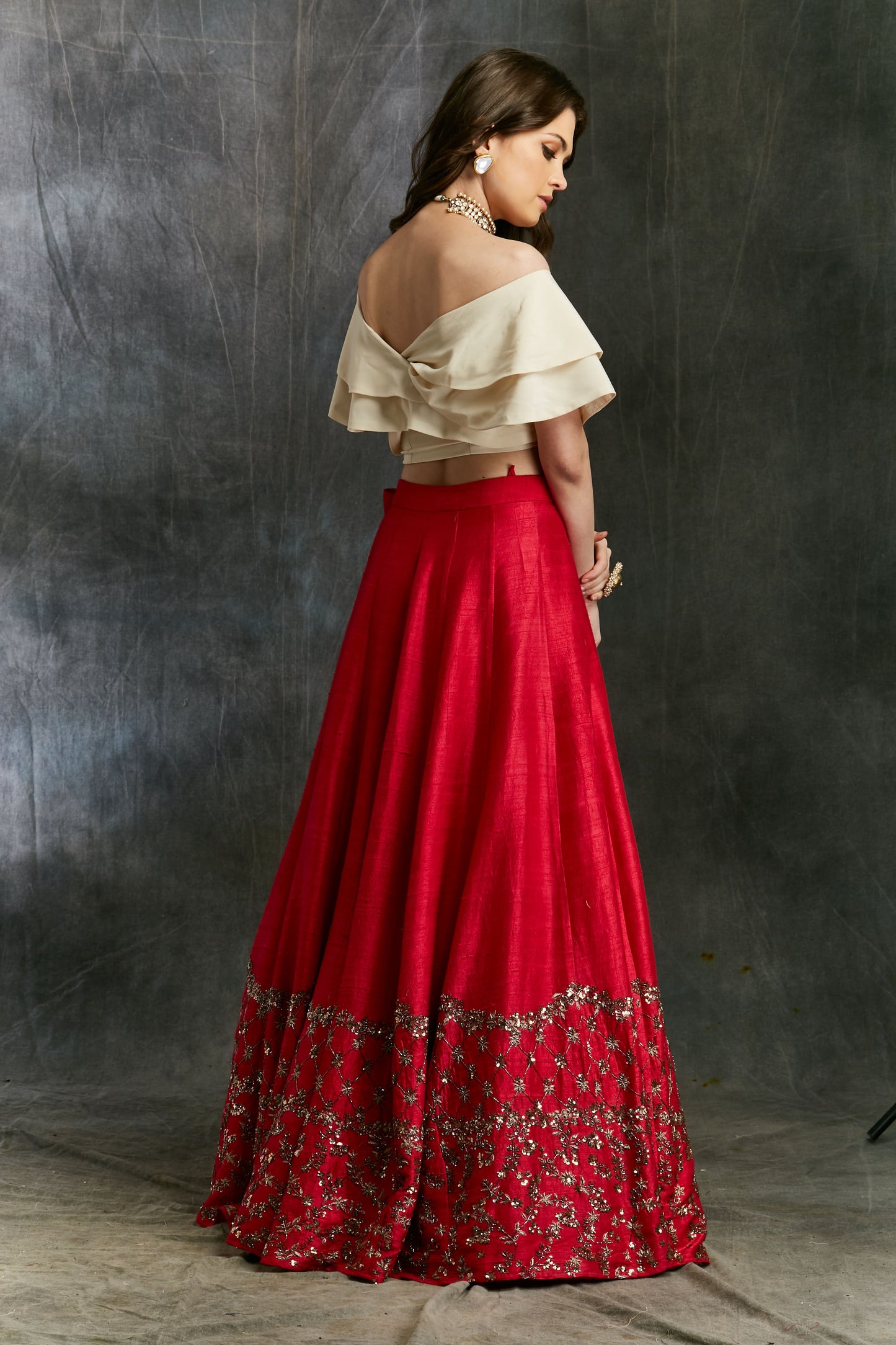 Red Border Lehenga With Off Shoulder Crop Top
