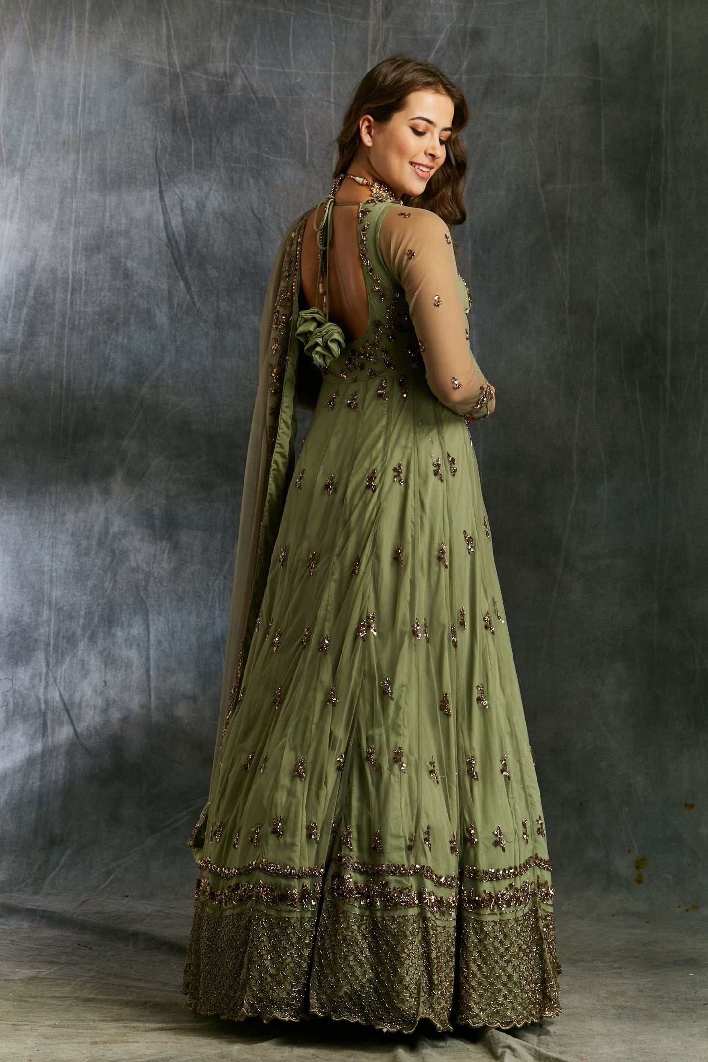 Olive Green Anarkali With Dupatta And Belt