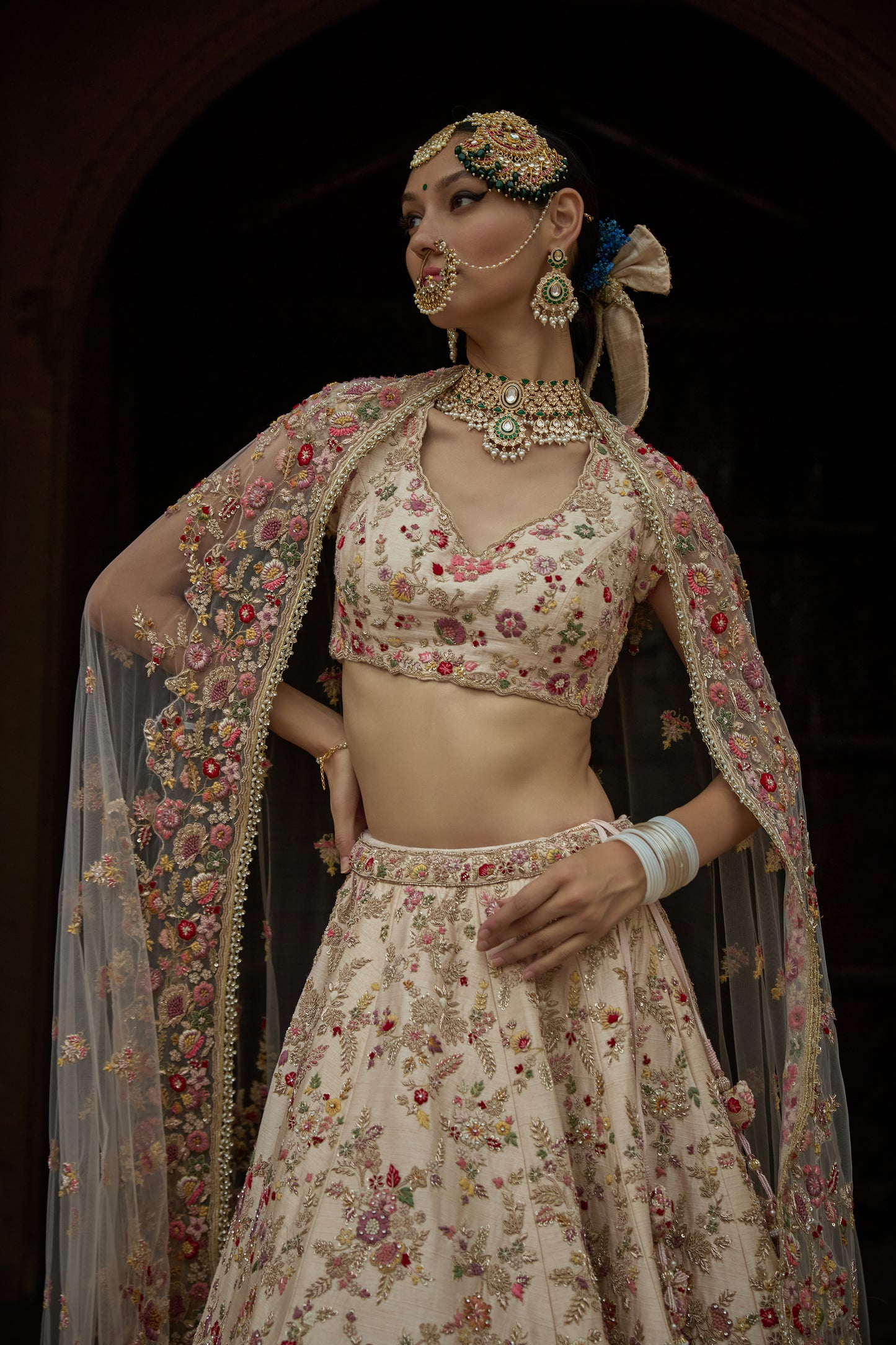 Peach Raw Silk Zari Hand & Machine Embroidered Lehenga Set