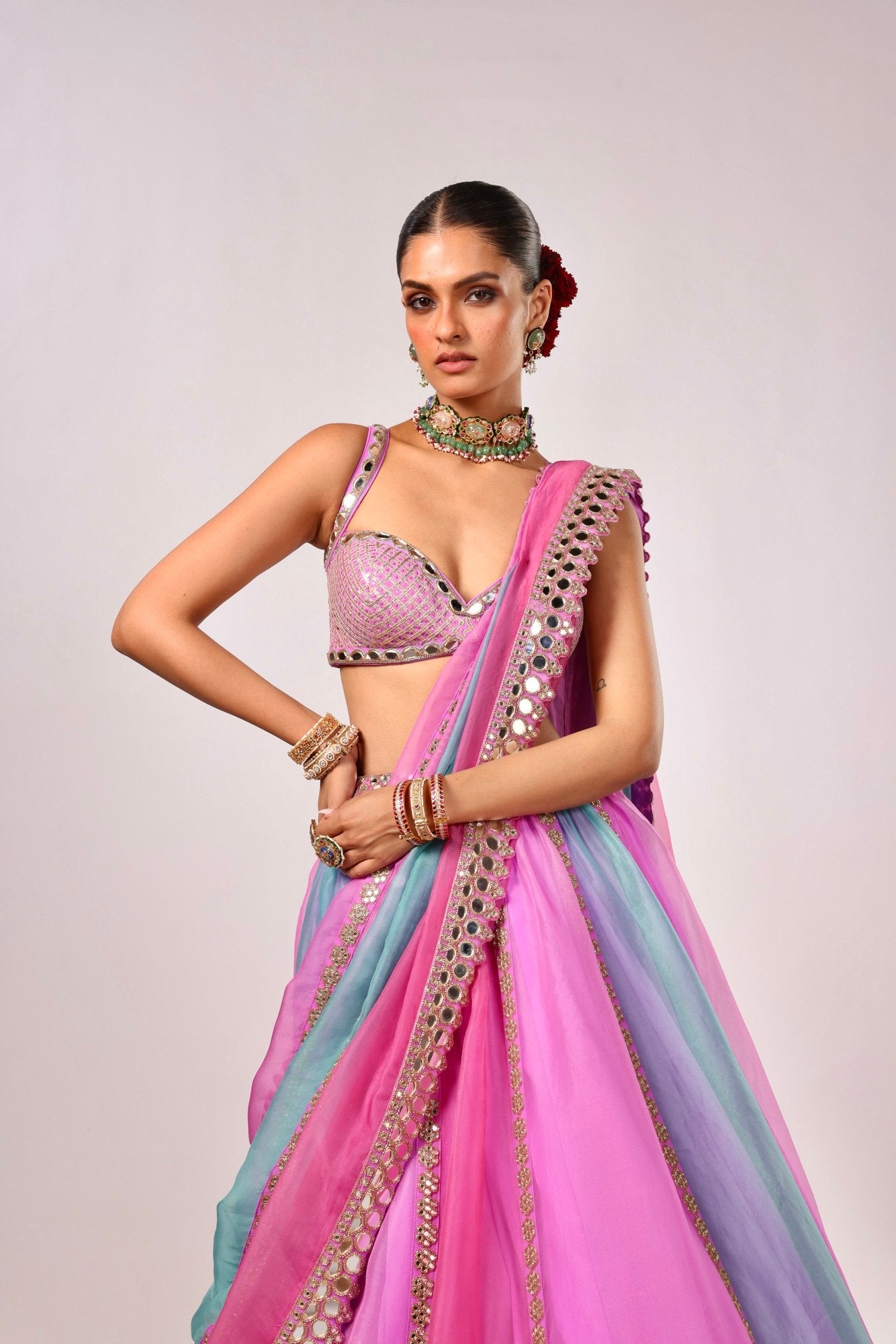MAUVE MULTICOLOR LINEAR LEHENGA WITH SLEEVELESS BLOUSE