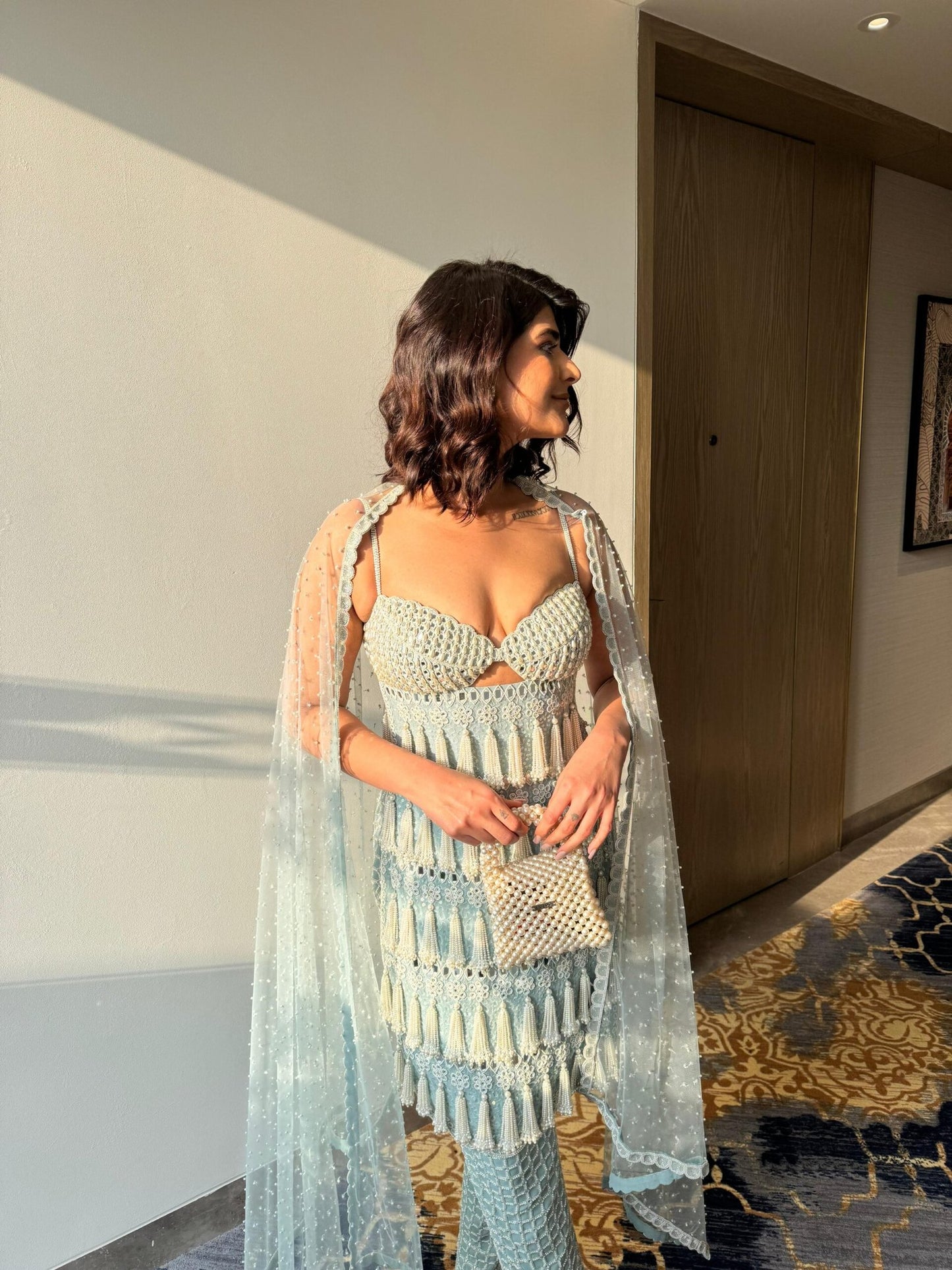 DEEKSHA KHURANA In Powder Blue Chandelier Pearl Drop Piroi Kurta Set