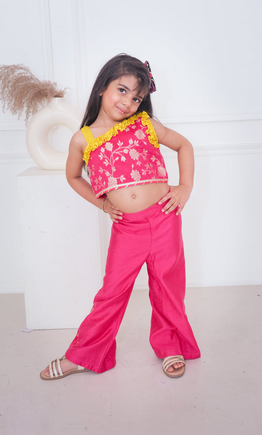 Pink Zari Chanderi Crop Top with Palazzo
