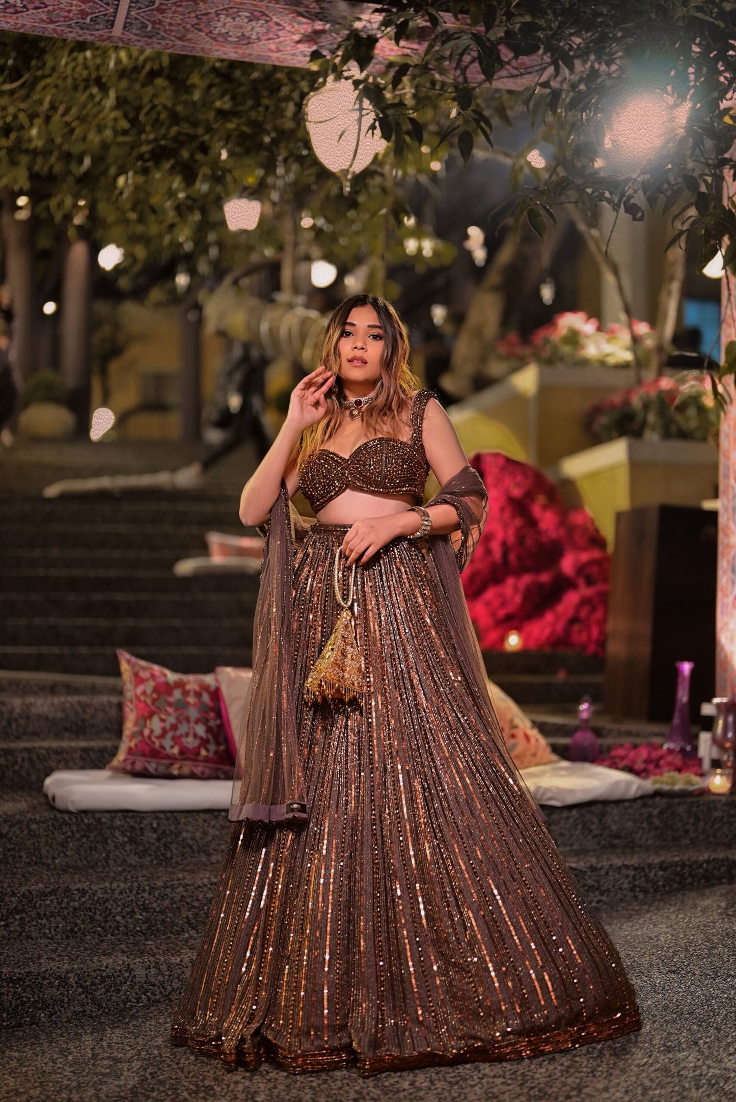 RIYA JAIN In Copper crystal Linear embroidered Lehenga set
