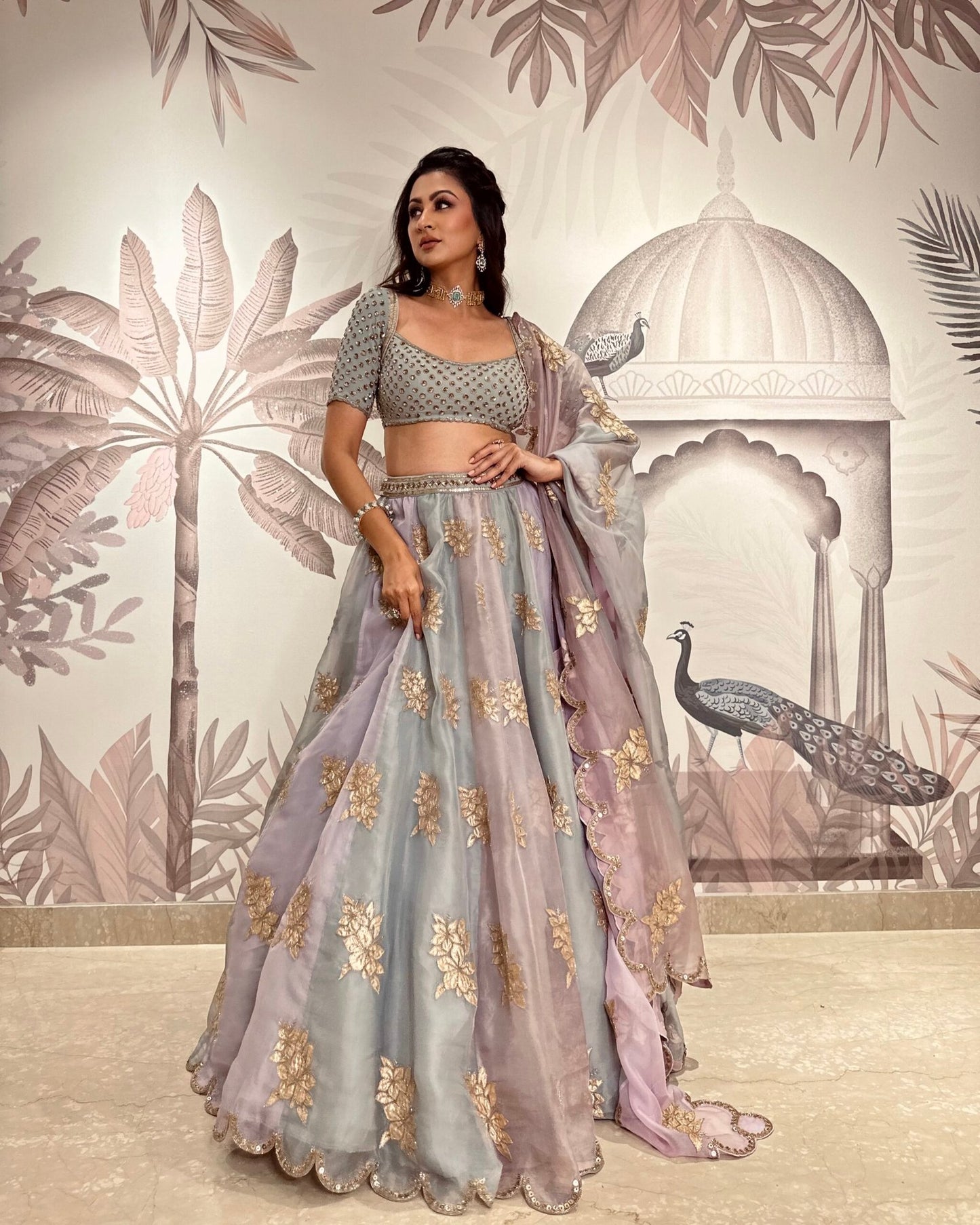 SUKHNEET WADHWA In Powder Grey Gul Multicolor Flower Lehenga Set