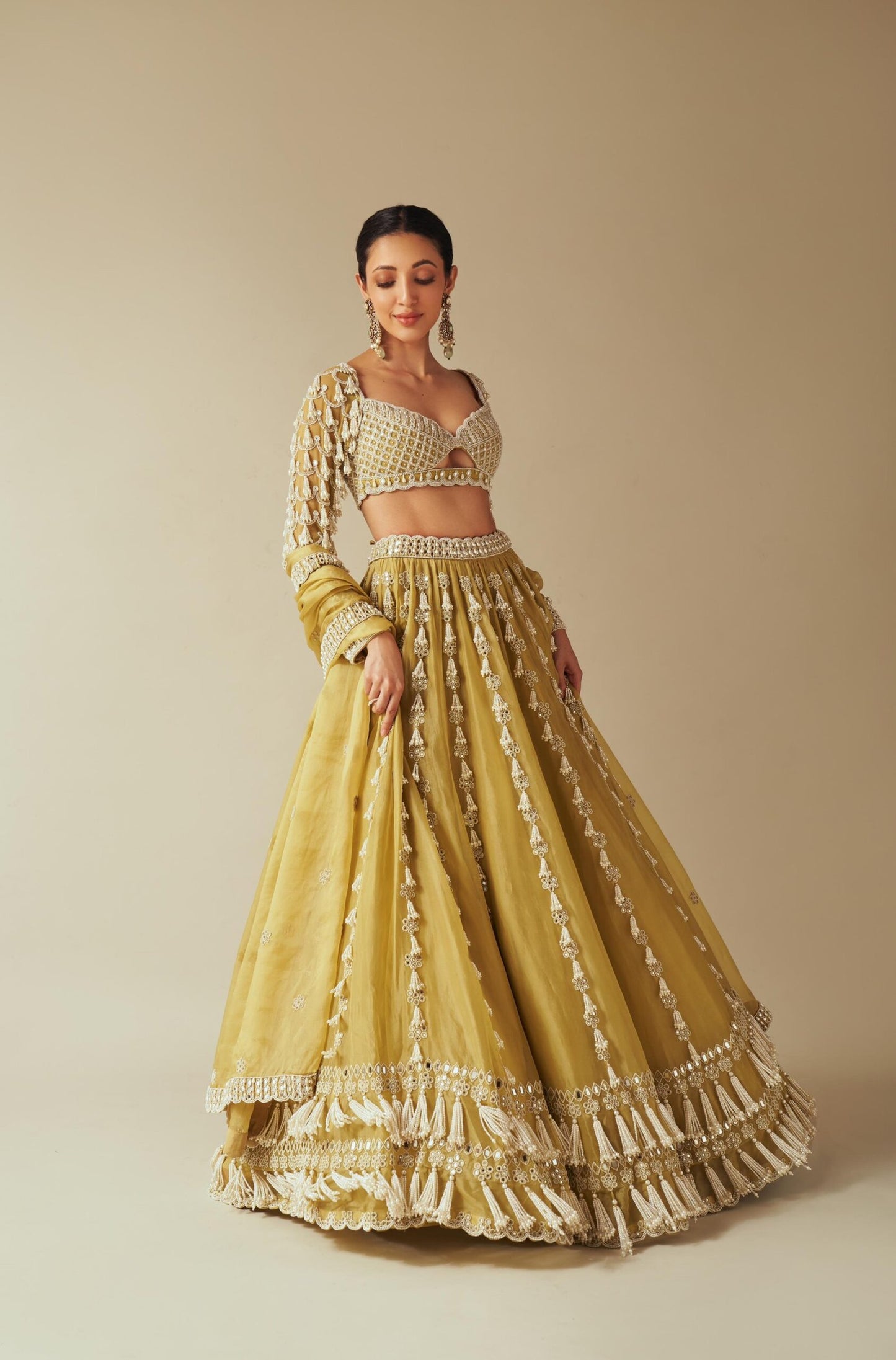 Piroi Fern Green Chandelier Pearl Drop Lehenga set (NEHA SHETTY)