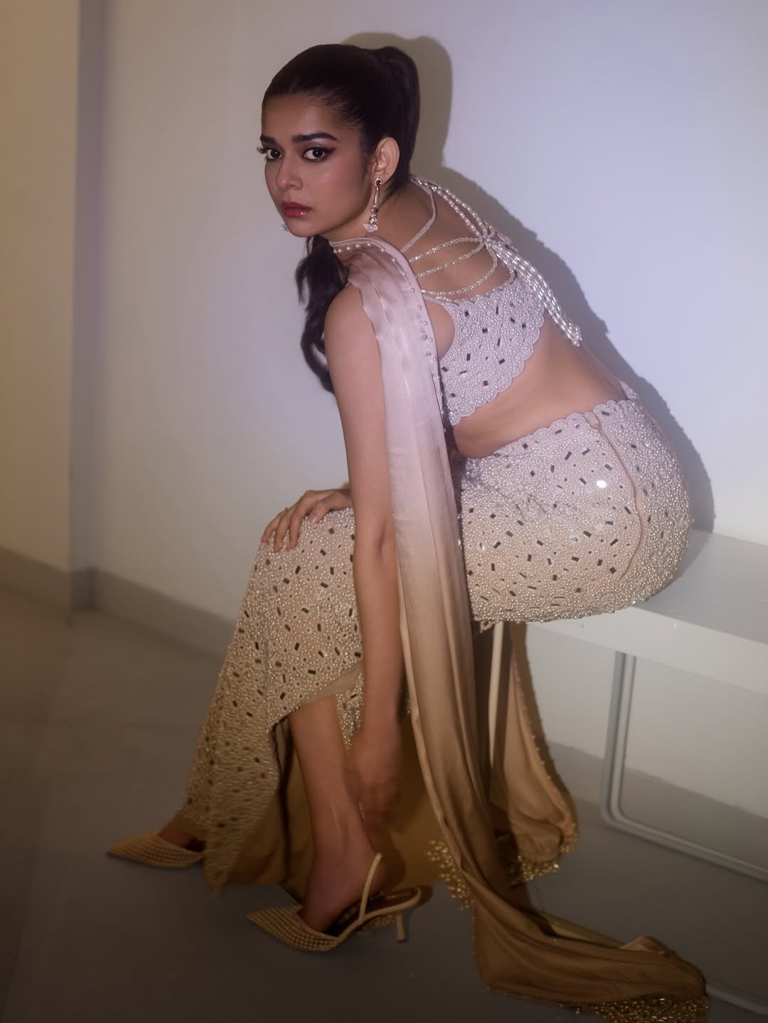MITHILA PALKAR IN Light Beige dense Pearl and Mirror Pencil Skirt Set