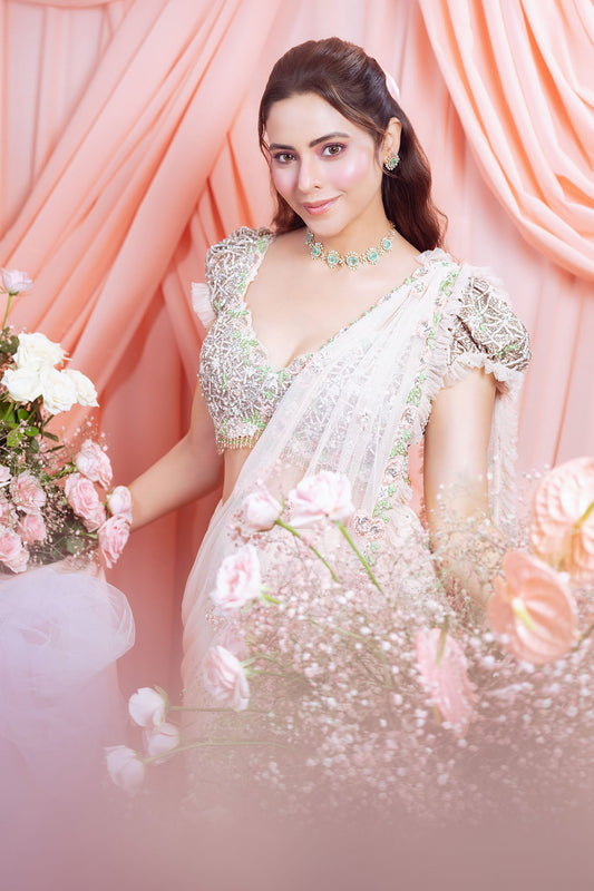 Amna Sharif In Rose Pink Pre-draped Saree With Trail