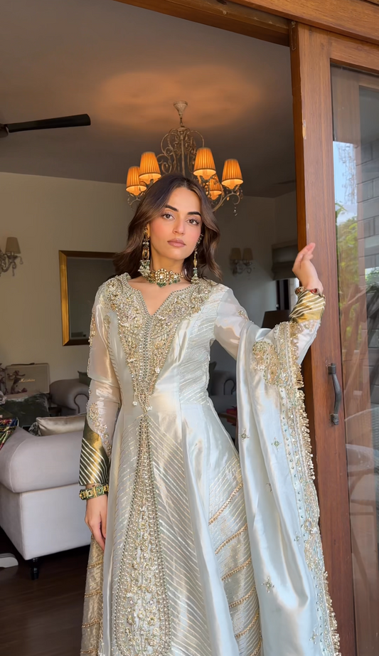 Mehak bakshi in our Pearl gold silk zari tissue anarkali