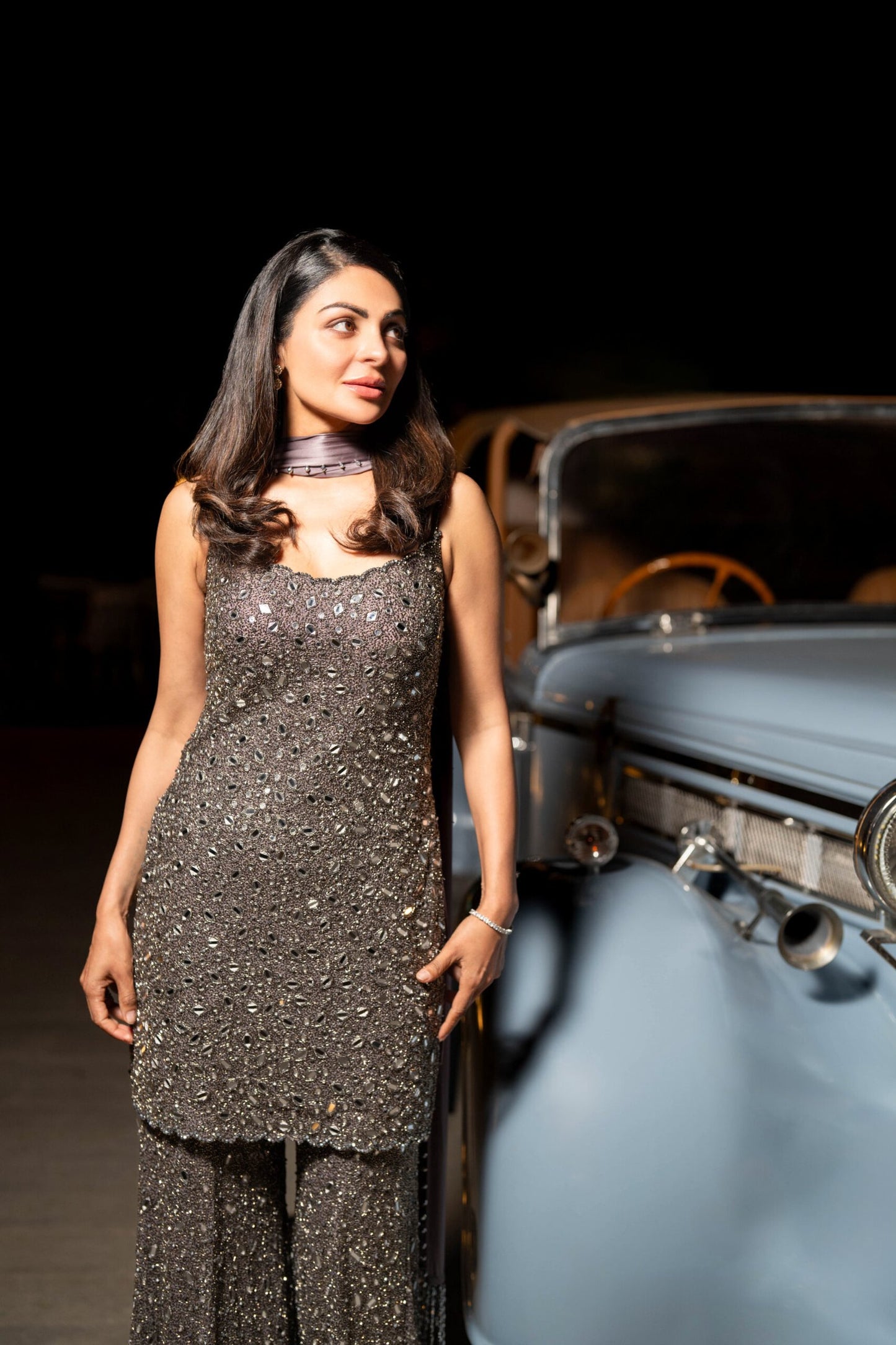 NEERU BAJWA IN Metallic Grey Sharara With Kurta Set