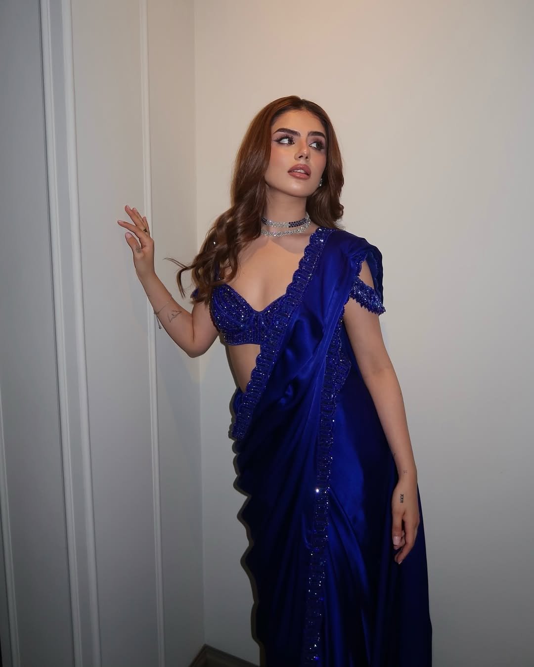 MUSKAN CHANANA In Cocktail Blue Satin Saree Set