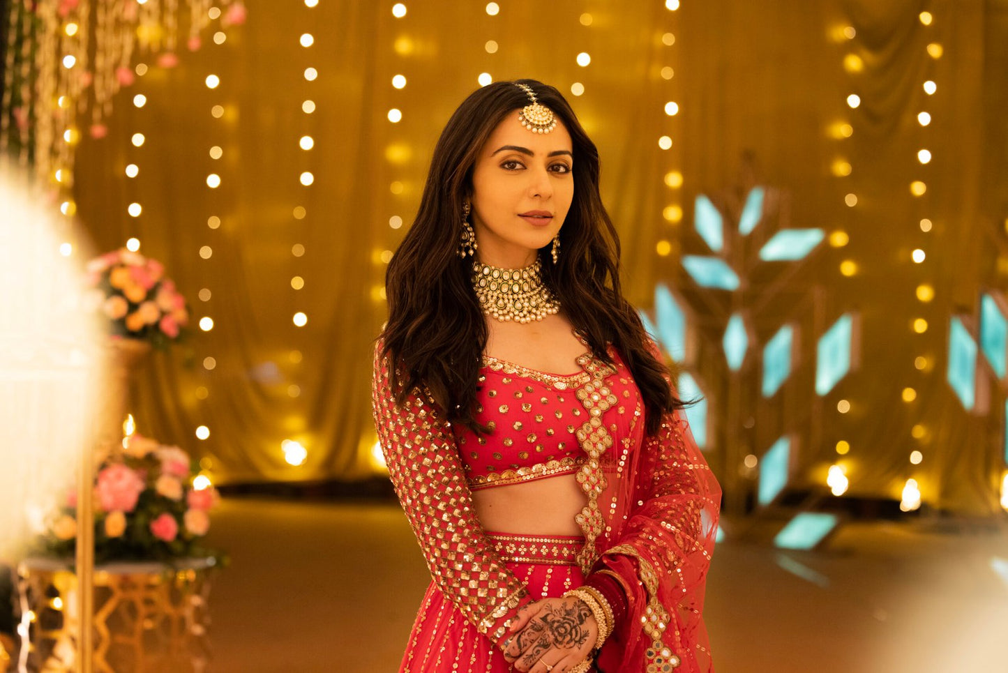 Linear Ishya Deep Coral Lehenga Set (RAKULPREET)