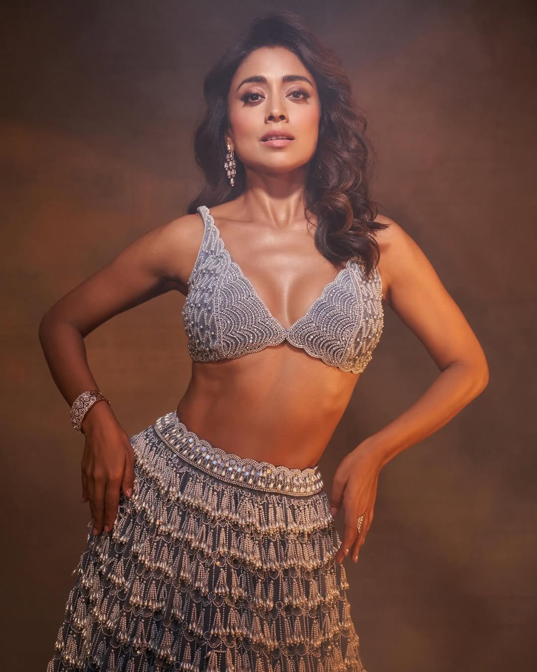 SHRIYA SARAN In Dark Grey Chandelier Pearl Drop Lehenga Set