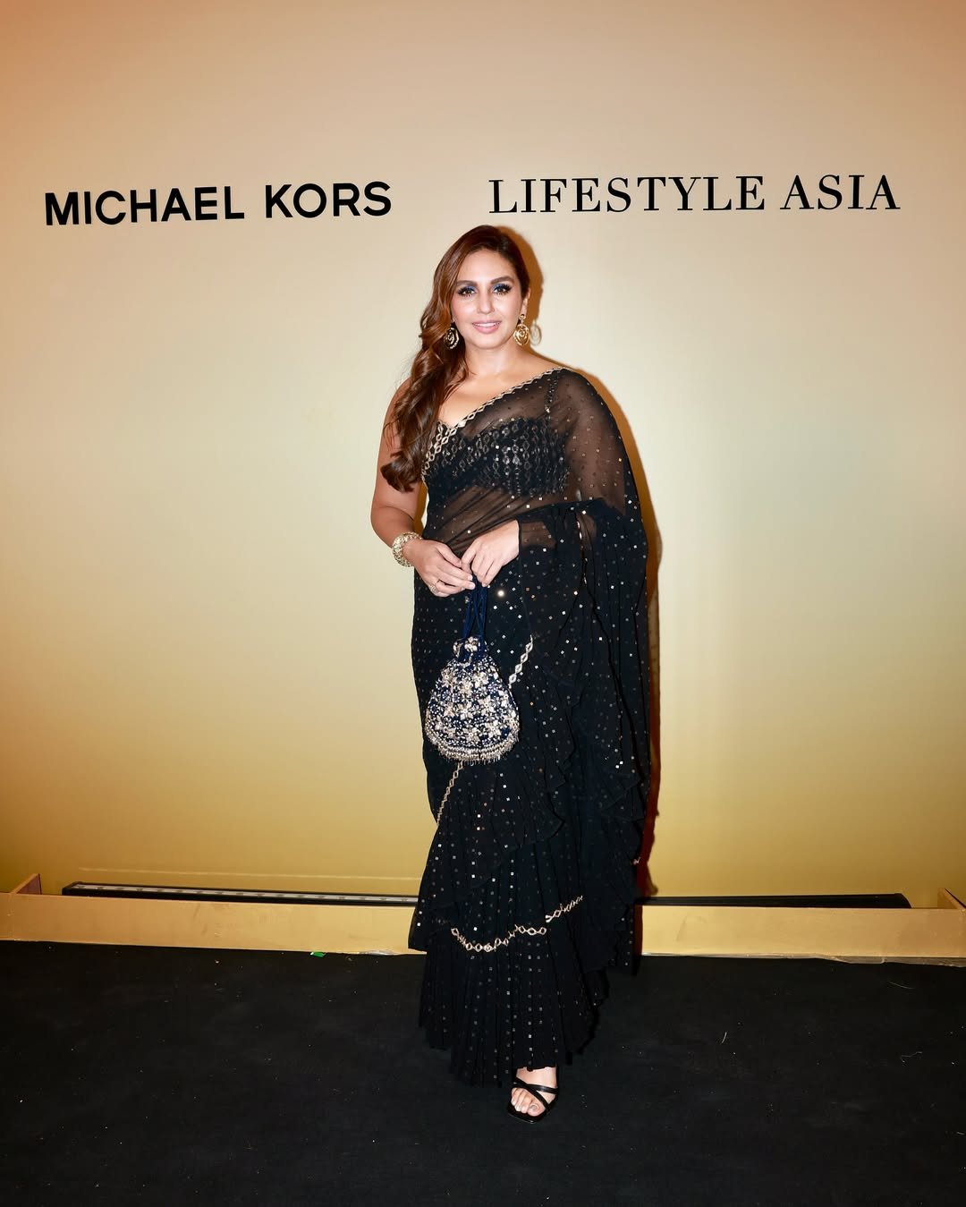 HUMA QURESHI In Black Frill Saree Set
