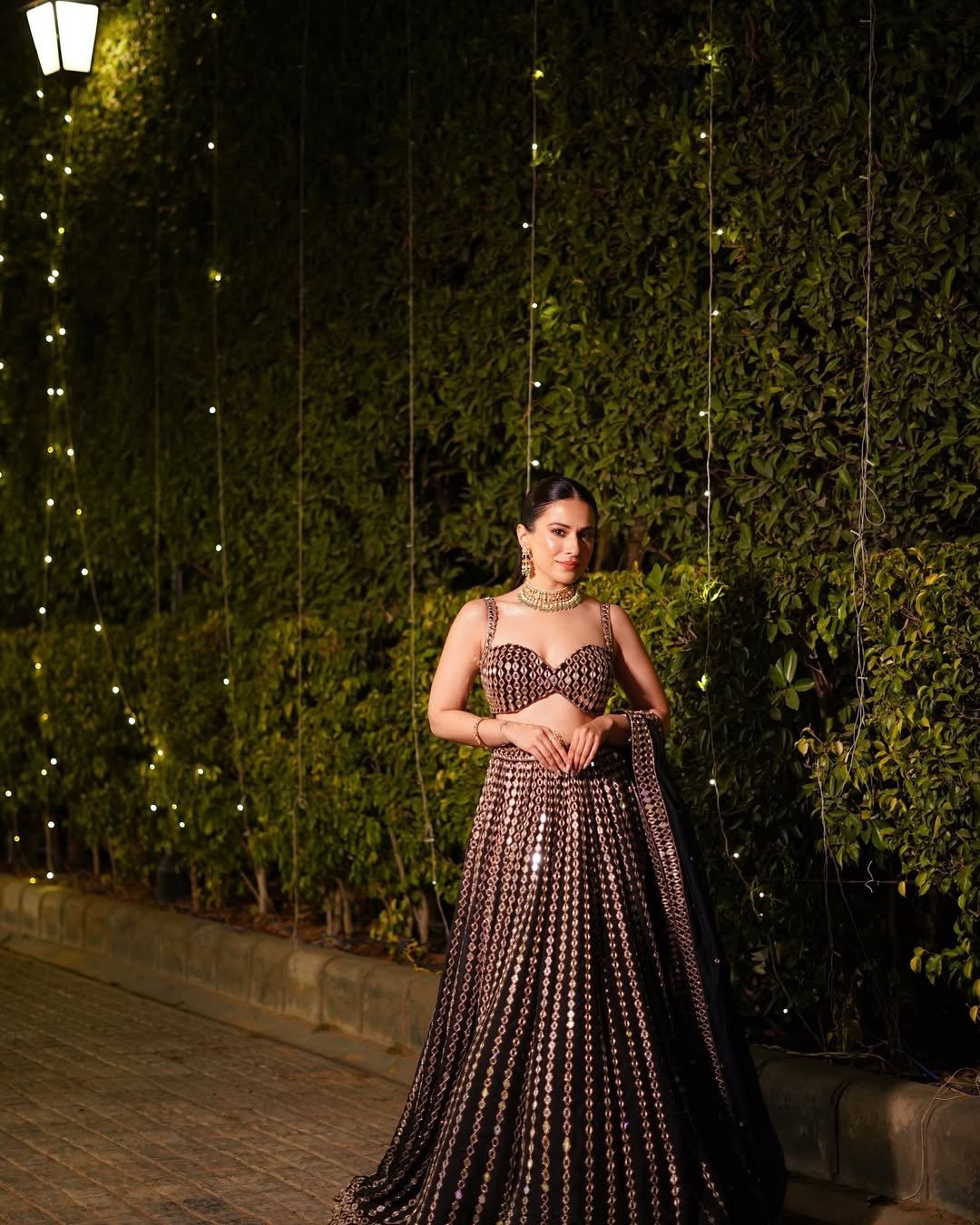 YASHIKA KHATRI In Jugmug Black Linear Mirror Lehenga Set