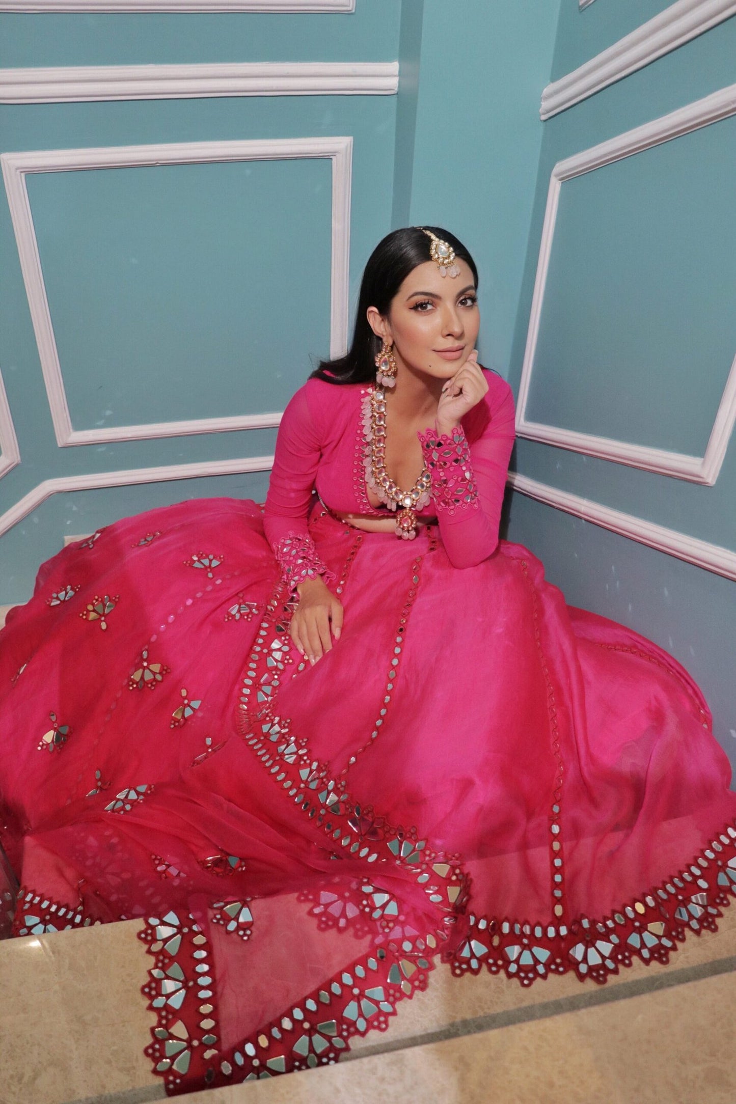 Peacock Pink Mirror Cut-work Lehenga set (NIKKI MEHRA)
