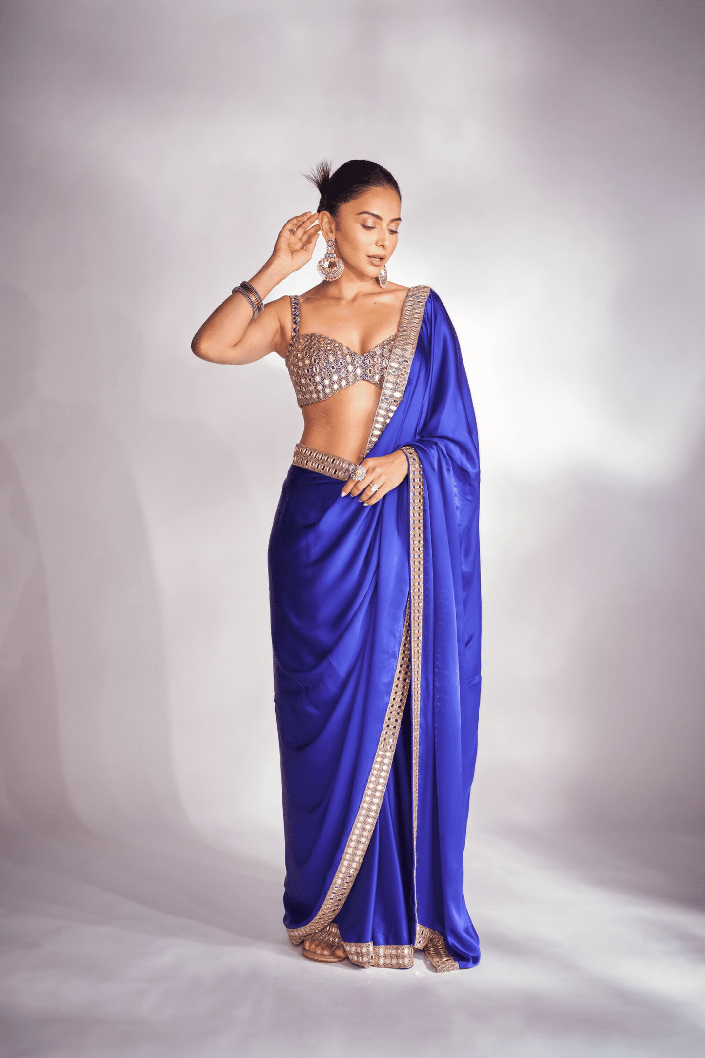 Persian Blue Mirror Satin Saree Set ( RAKULPREET SINGH )