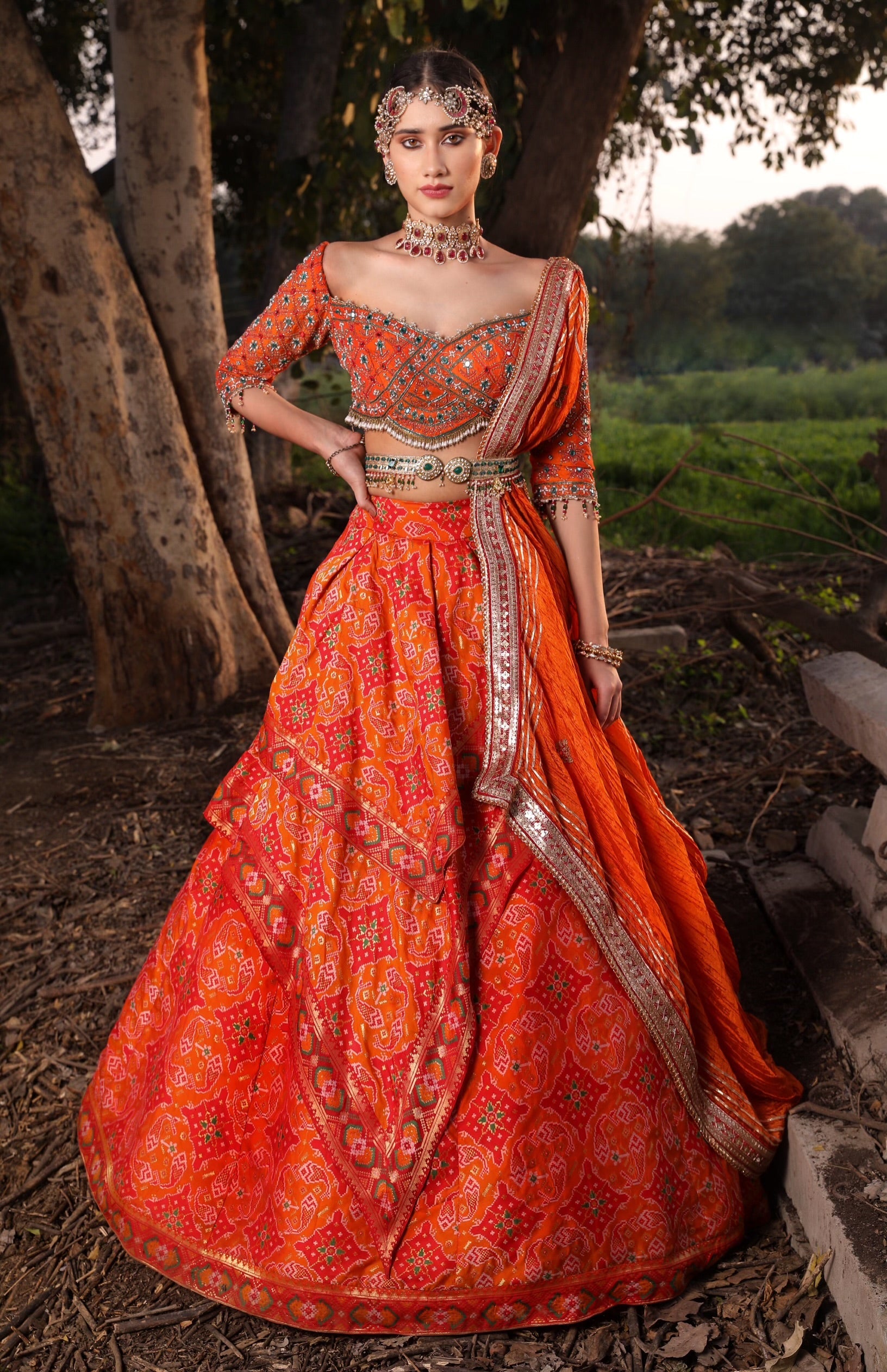 Women's Orange Embroidered Lehenga Set