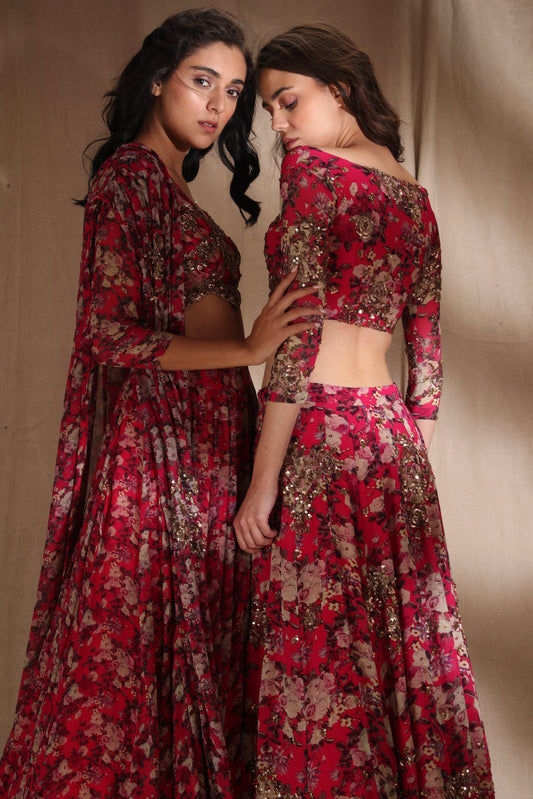 Hot Pink Floral Lehenga Set