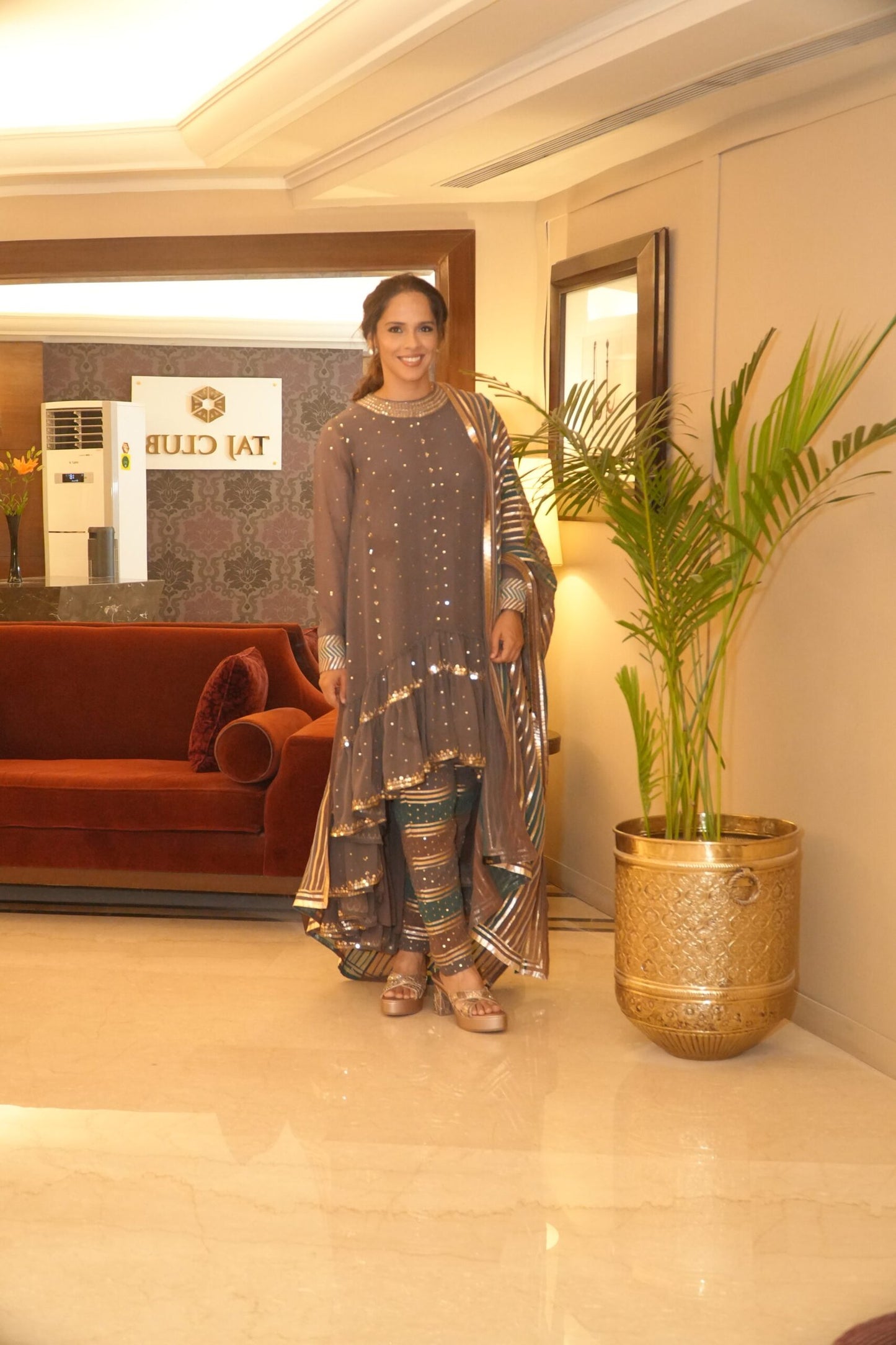 SAINA NEHWAL In Charcoal Grey Round Neck Asymmetrical Kurta Pant Set