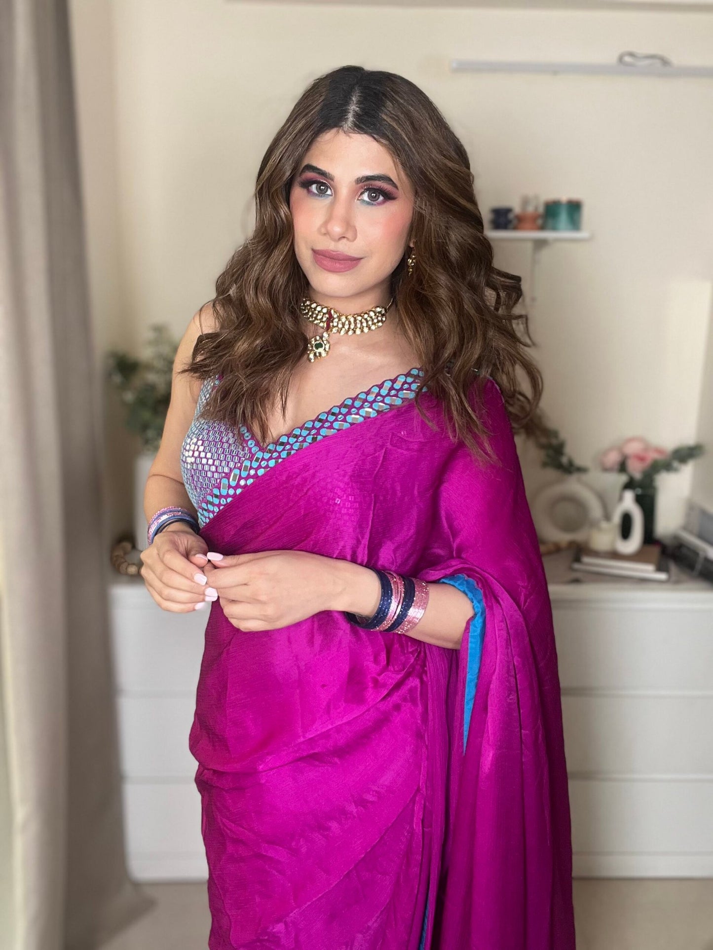 MALVIKA SITLANI IN Pop Wine Satin Chiffon Saree Set