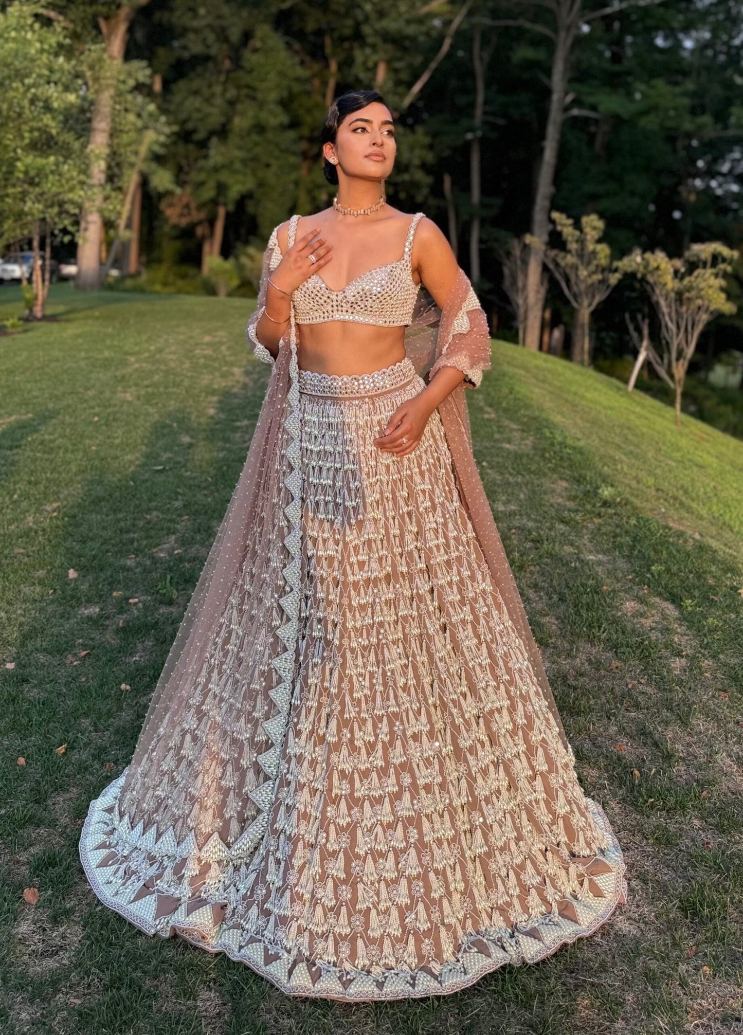 BHAVDEEP KAUR In Deep Beige Chandelier Pearl Drop Lehenga Set