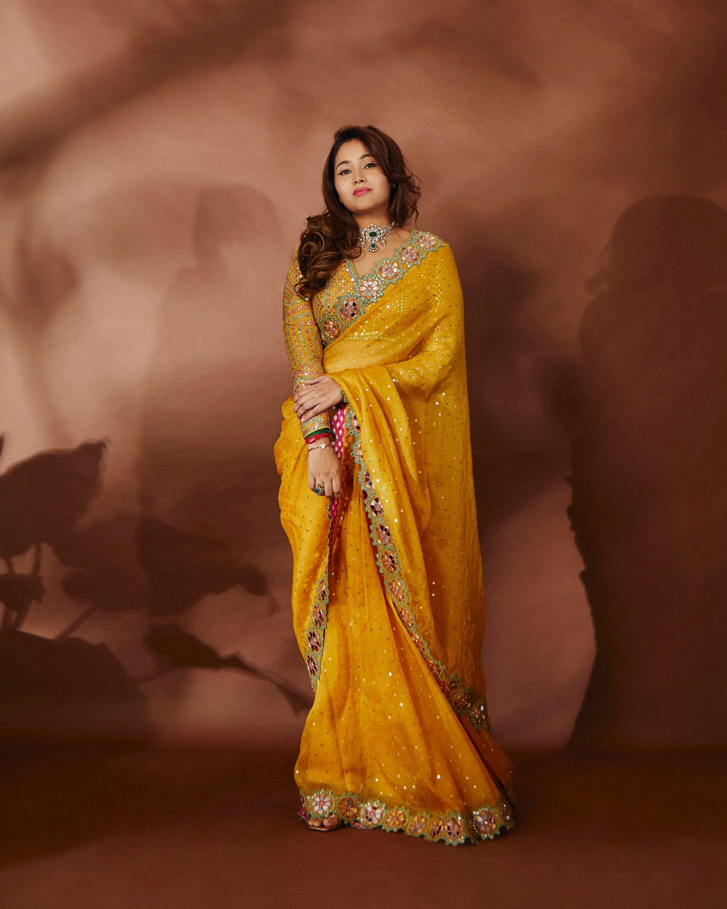 PRIYA ATLEE In Rang Yellow Mirror and Sequin Saree Set