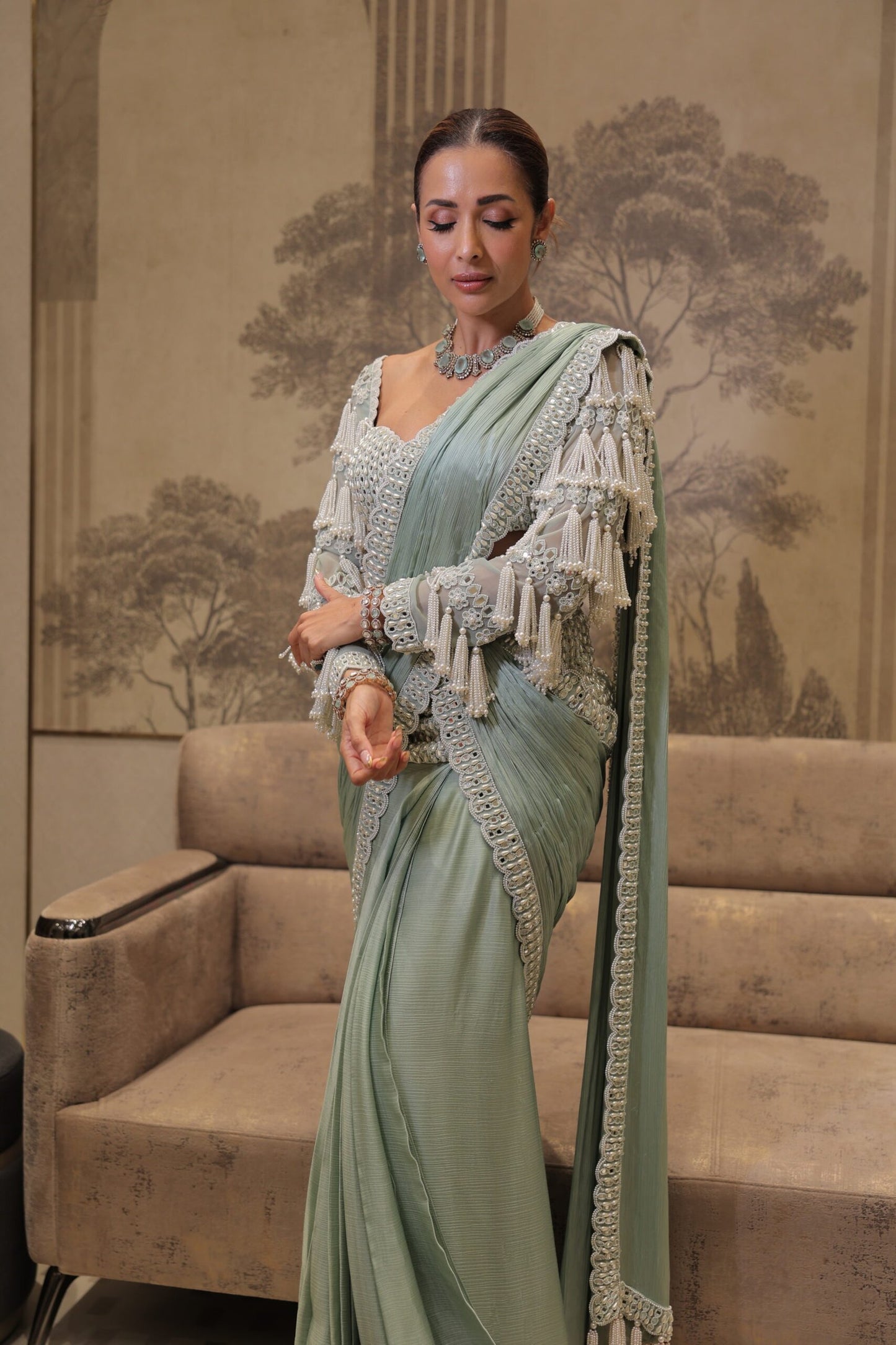 Chandelier Drop Powder Mint Piroi Saree Set (MALAIKA ARORA)