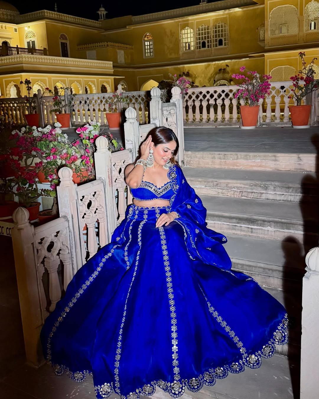 SIMRAN LUTHRIA In Royal Blue Flower Linear Lehenga Set