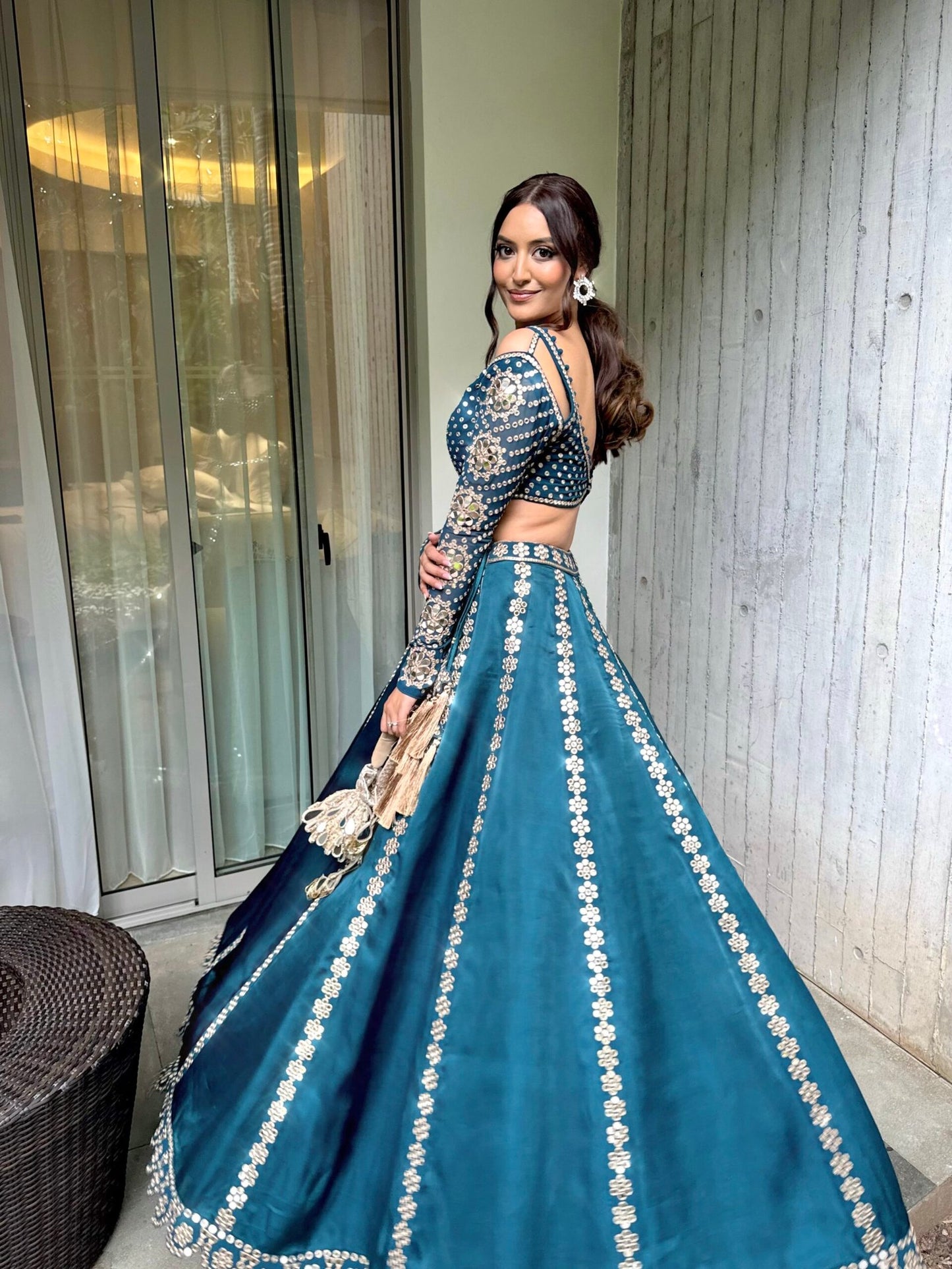 NATASHA SHAH In Dark Teal Flower Linear Lehenga Set