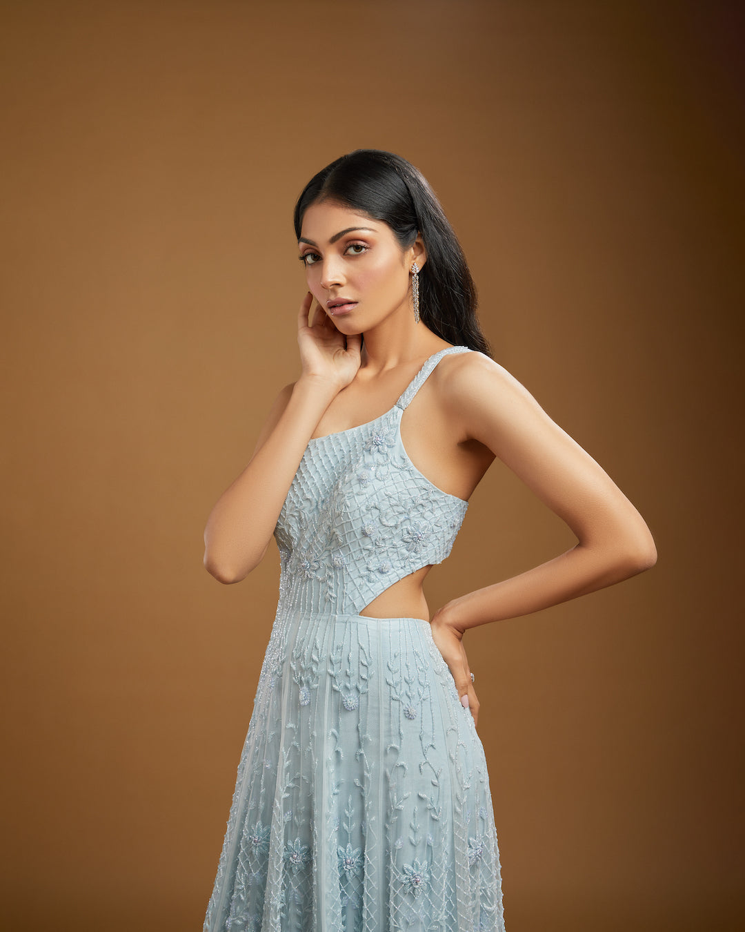 Ice Blue Net One-Shoulder Gown
