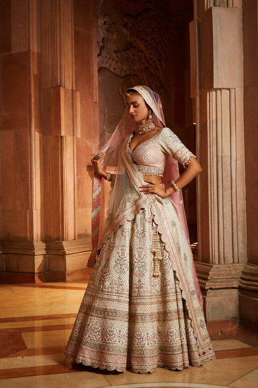 Ivory Tafetta Lehenga Choli Set with Two Tulle Dupattas