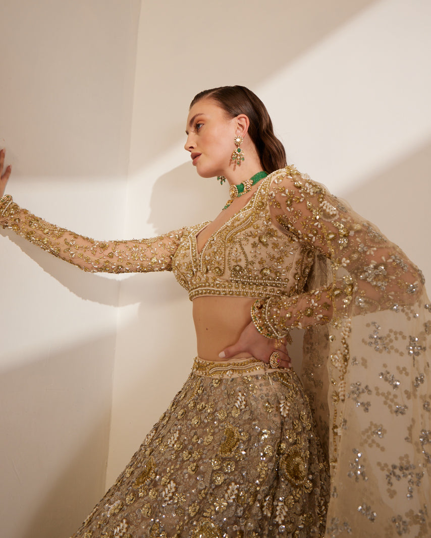 Ivory Silk Pearl Zari Sequin Embroidered Lehenga Set