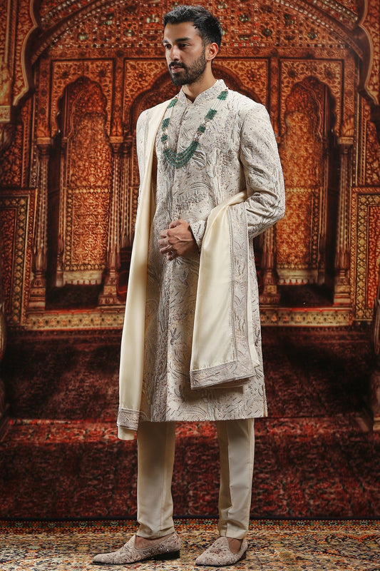 Beige Raw Silk Moti Embroidered Sherwani Set