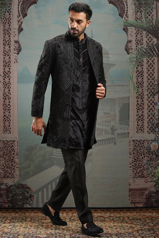 Black Open Moti Embroidered Indowestern