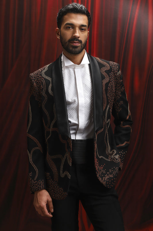 Crimson Ember Embroidered Tuxedo Set