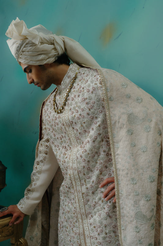 Rose Cream Hand Embroidered Silk Sherwani Set