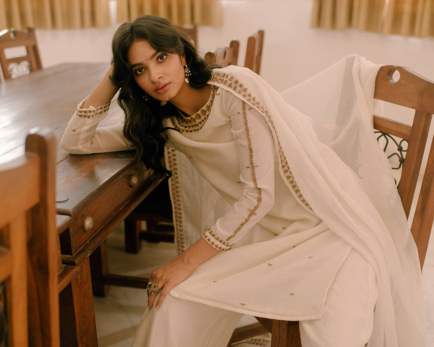 White Thread Straight Kurti And Pant