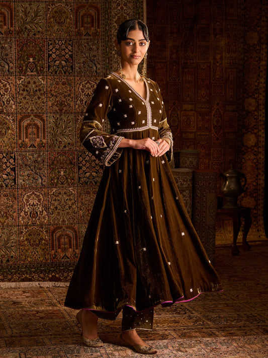Mehruu Olive Velvet Suit Set