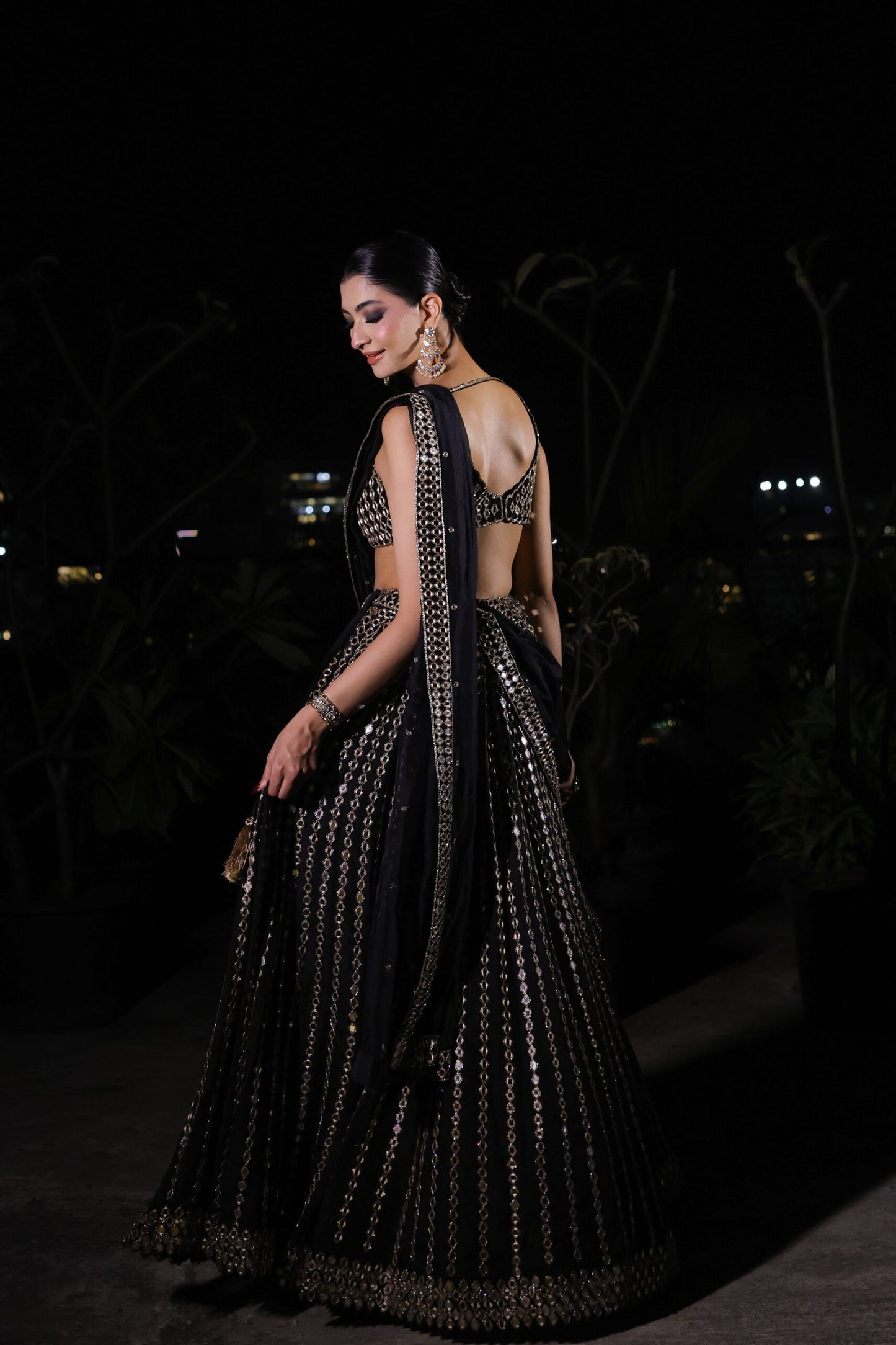 HANNA KHAN In Black Linear Mirror Embroidered Lehenga Set