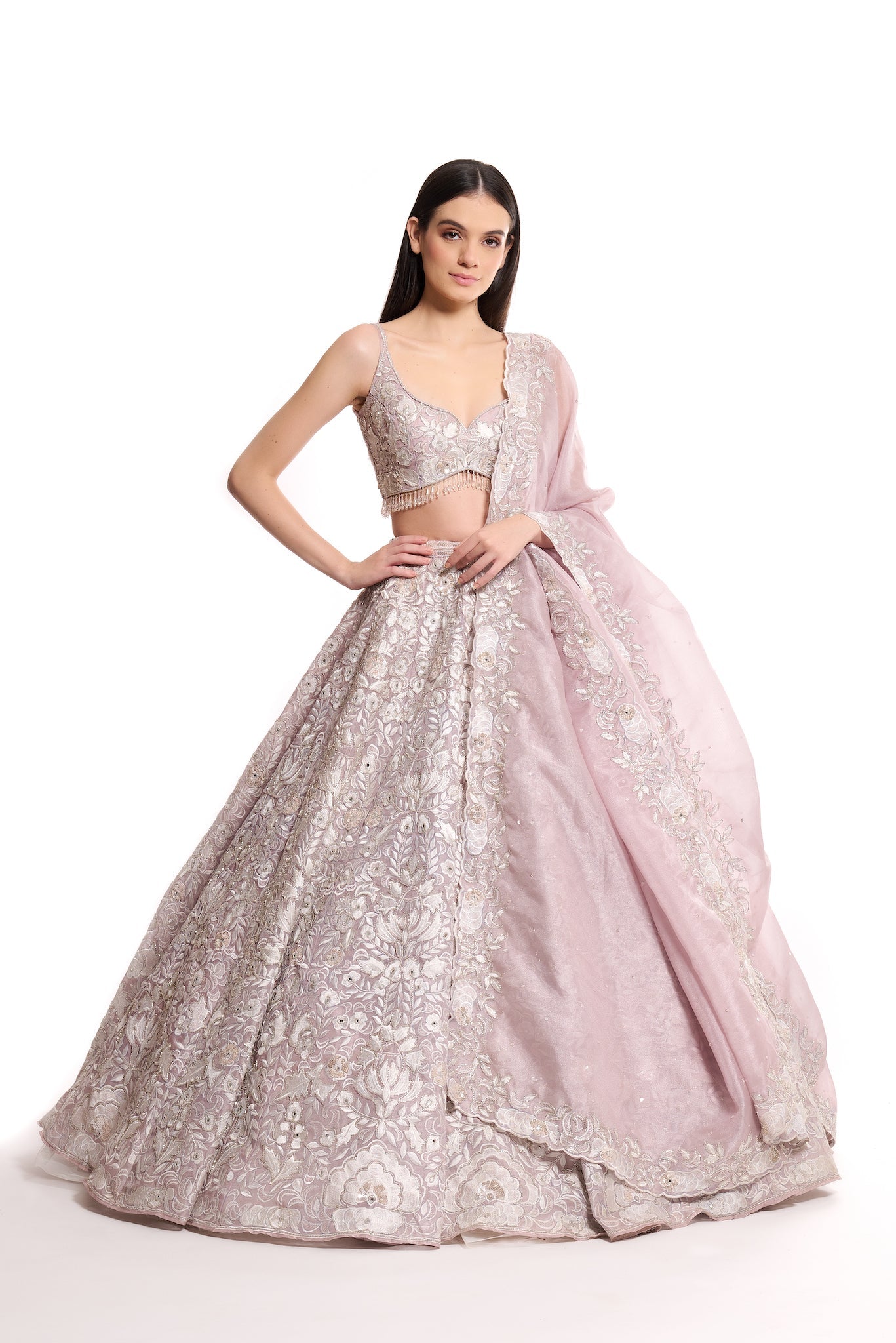 Lilac Tissue Embroidered Donna Lehenga