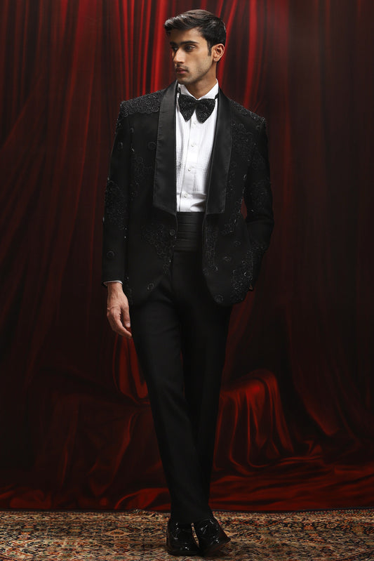 Black Shimmer Embroidered Tuxedo Set