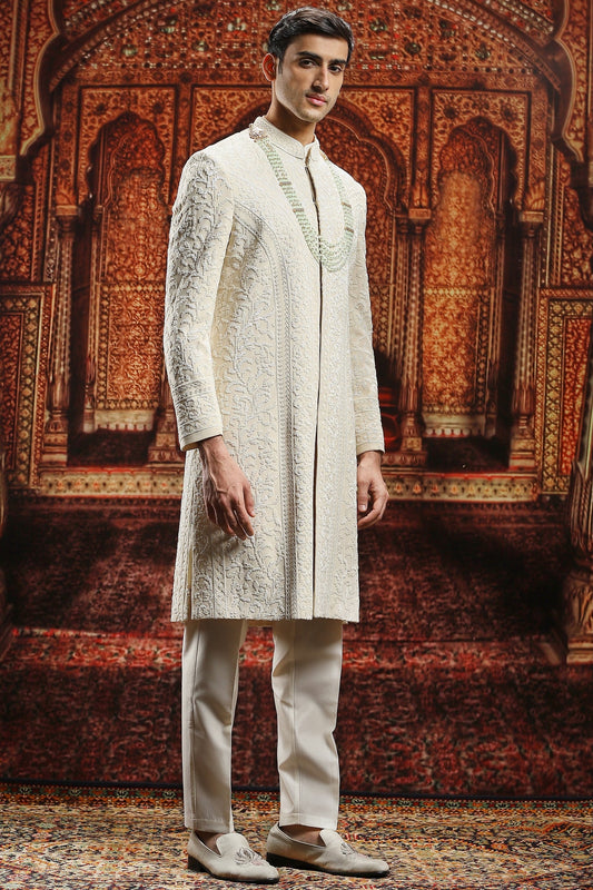 Ivory Chanderi Cutdana Embroidered Sherwani Set