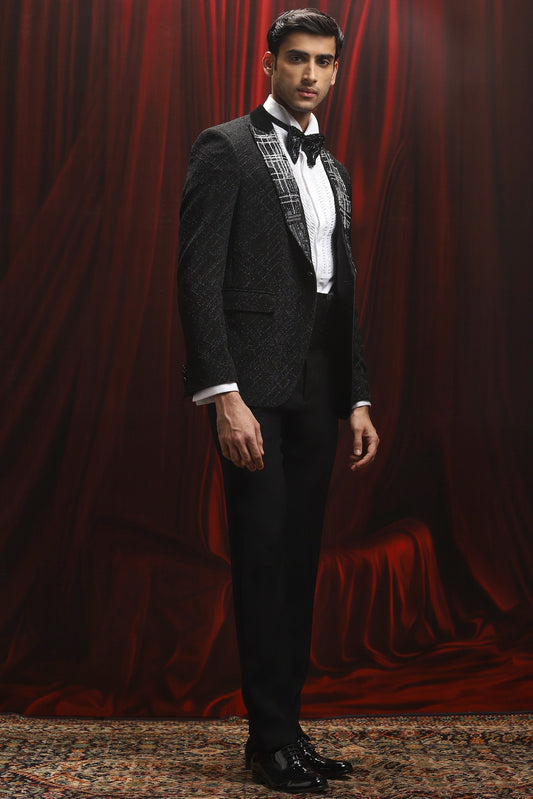 Black Cosmic Grid Embroidered Tuxedo Set