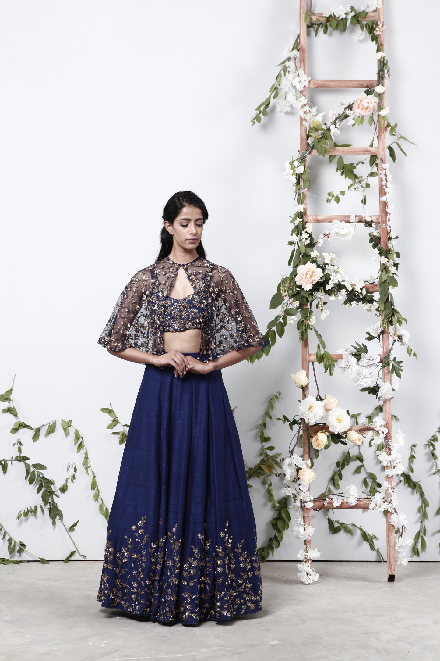 Navy Blue Lehenga With Floral Jaal Blouse