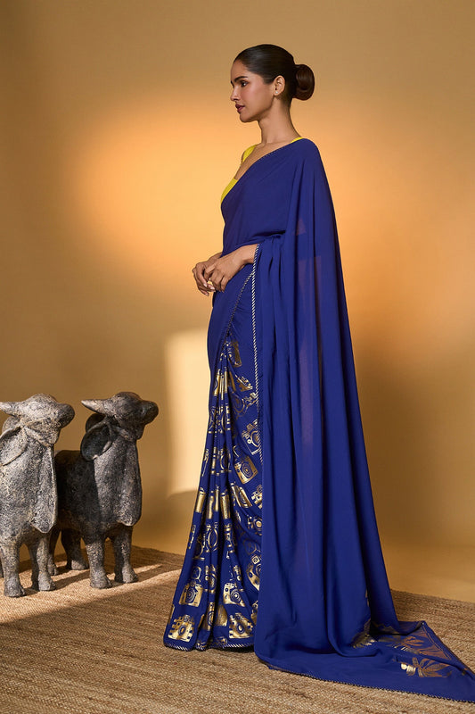 Electric Blue Tropical Camera Saree